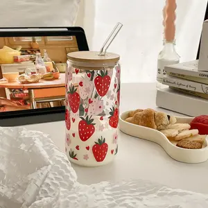 Strawberry Pattern Coffee Glass Cup, 1 Count Water Mug with Lid & Straw, Summer Cool Bottle Drinking Bottle for Home Office Use, Summer for Gift, Kitchenware