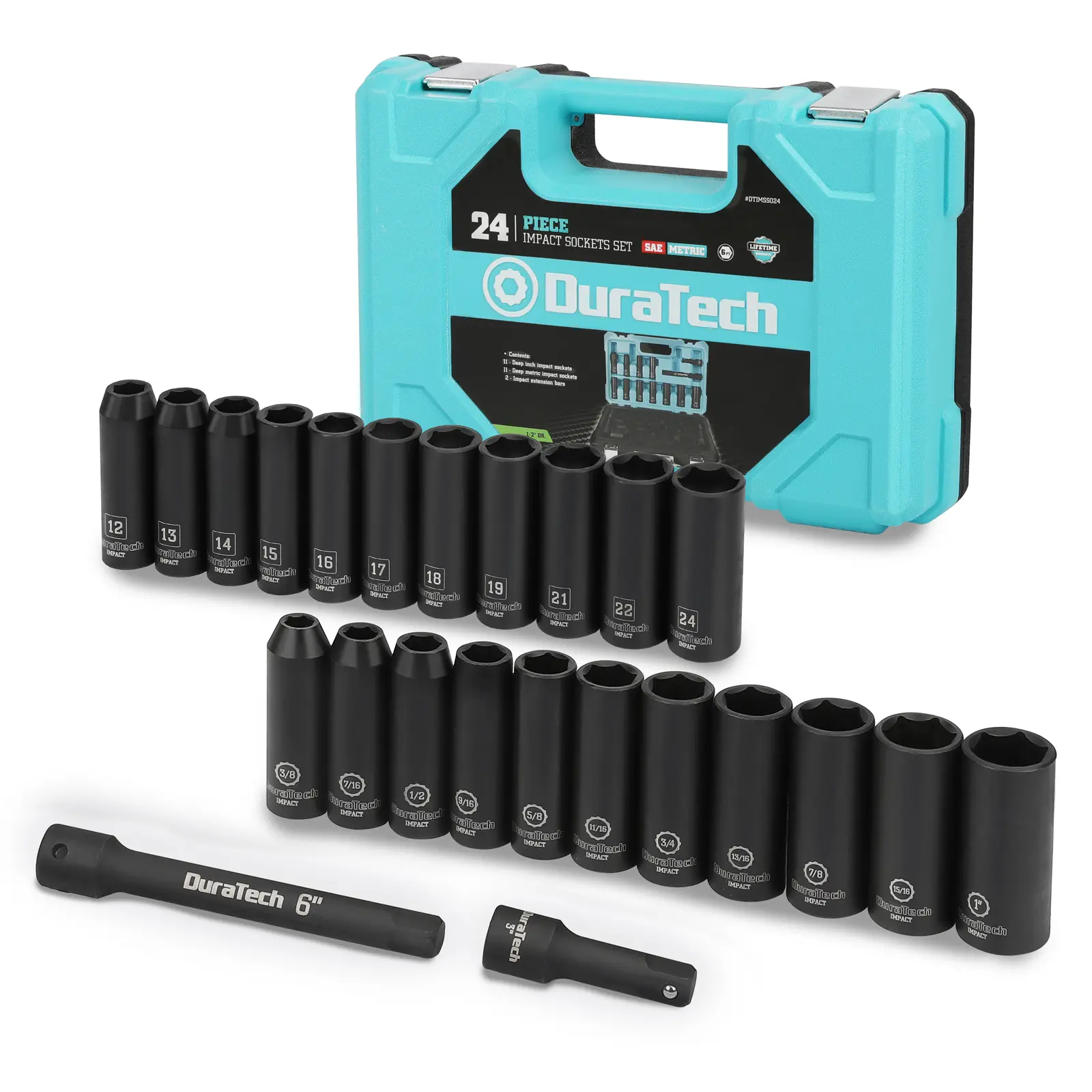 #fathersdaygift DURATECH 24-Count Impact Socket Set, 1/2" Drive Deep Impact Socket Set with 2counts 1/2-Inch Hexagon Extension Bars, Metric ＆ SAE, Hard Case Included