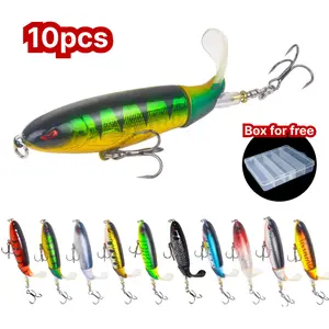 Artificial Fishing Lure (10pcs), Top Water Fishing Lures with Floating Rotating Tail Barb Treble Hooks, Simulation Fishing Lure with Hook, Plopping Lures Kit