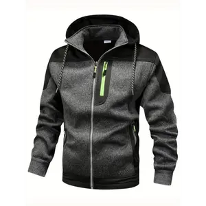 [Thick Fleece-Lined Detachable Hood Jacket] Lightweight Thick Fleece-Lined Detachable Hood Zip-Up Jacket - Men's Casual Polyester Jacket for Fall/Winter Outdoor Activities, Running - Gray & Black with Green Accents
