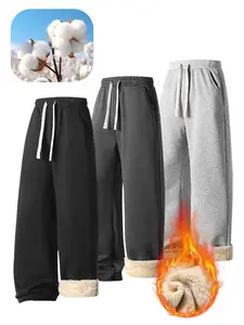 Men's Solid Thermal Lined Drawstring Waist Fleece-lined oversize Thickened Pants Casual Comfy Regular Fit Straight Leg Trousers for Fall Winter Menswear