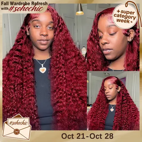CheetahBeauty 99J Burgundy 13x6 Deep Wave Human Hair Wig, Pre-Plucked Transparent Lace Front, Curly Heat Resistant Female Wig for Women #SohoChic #tiktokshopstockup