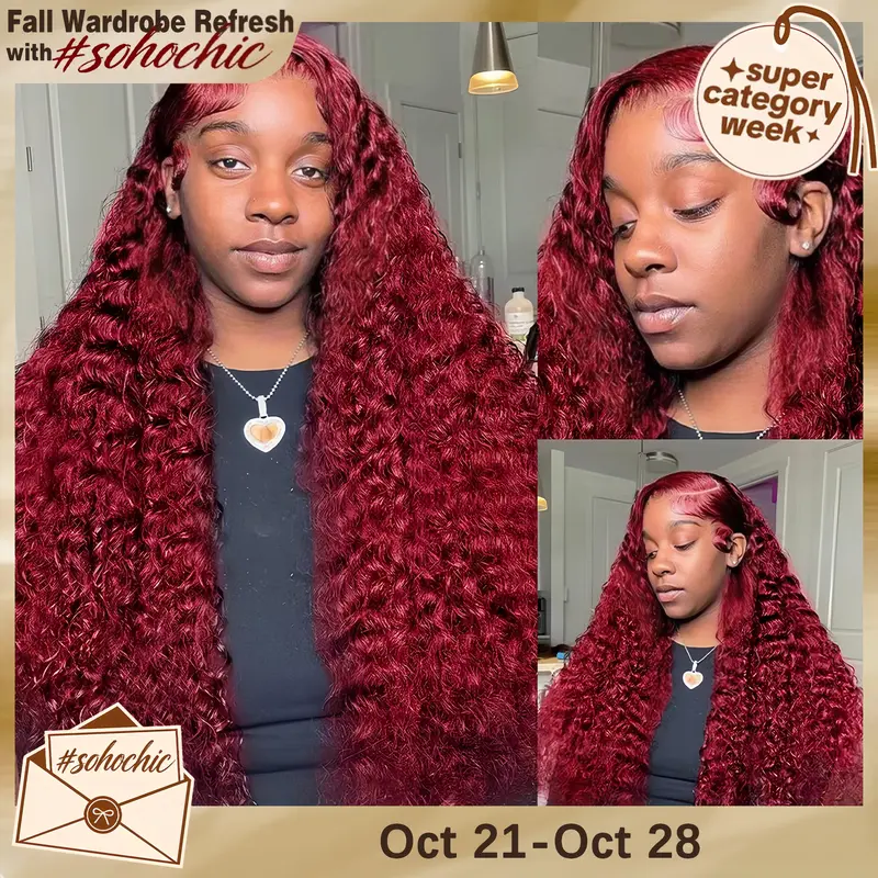 CheetahBeauty 99J Burgundy 13x6 Deep Wave Human Hair Wig, Pre-Plucked Transparent Lace Front, Curly Heat Resistant Female Wig for Women #SohoChic #tiktokshopstockup