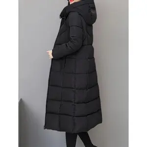 Women's Stylish Long Hooded Down Jacket, 100% Polyester, Solid Color, Regular Fit, Non-elastic Fabric, Zip Detail, Suitable For Winter Over-the-knee Down Jackets