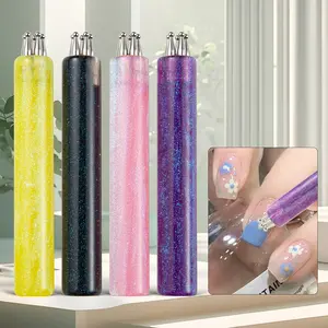 4 Counts Nail Art Pen with Flower Tip, Stainless Brush & Acrylic Pen Body, One-Pen System for Nail Designs, Portable Manicure Tool