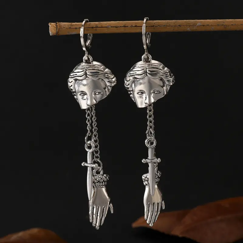 Vintage Gothic Punk Portrait Hand Mask Cross Dagger Earrings Halloween Jewelry