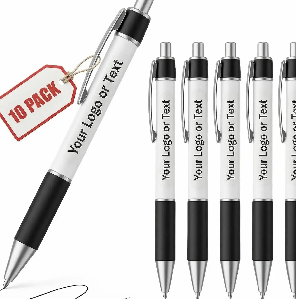 Personalized Ballpoint Pens, Customizable Writing Pens with Logo, Name or Text, Black Ink, Rubber Grip, Retractable, White, Pack of 10, for Office Supplies, Desk Accessories, School Events