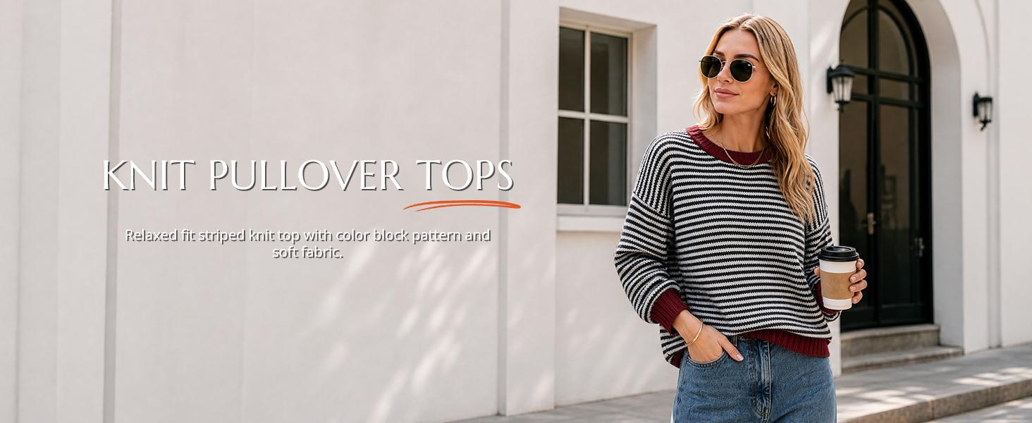 Cicy Bell Womens Striped Sweater Casual Loose Fit Color Block Knit Pullover Sweaters Crewneck Long Sleeve Tops