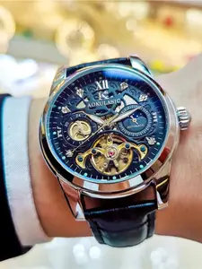 1pc Fashion Tourbillon Skeleton Automatic Mechanical Watch for Men Moon Phase Display Iced Out Design Leather Strap Business Casual Mens Watches Mechanical Style Watches Top Brand Luxury Wristwatches Gifts With Box