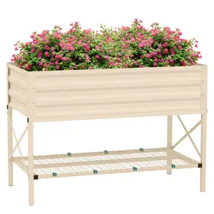 Raised Garden Bed with Galvanized Steel Frame, Storage Shelf and Bed Liner, Elevated Planter Box with Legs for Vegetables, Flowers, Herbs, Cream