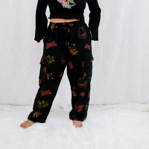 Women's Casual Cotton Cargo Pants - Unisex Elastic Drawstring Straight-Leg Style, Aesthetic Boho Block Print Multi-Pocket Gothic Trousers for Bohemian Festivals (Mushroom, Celestial, Butterfly Designs)