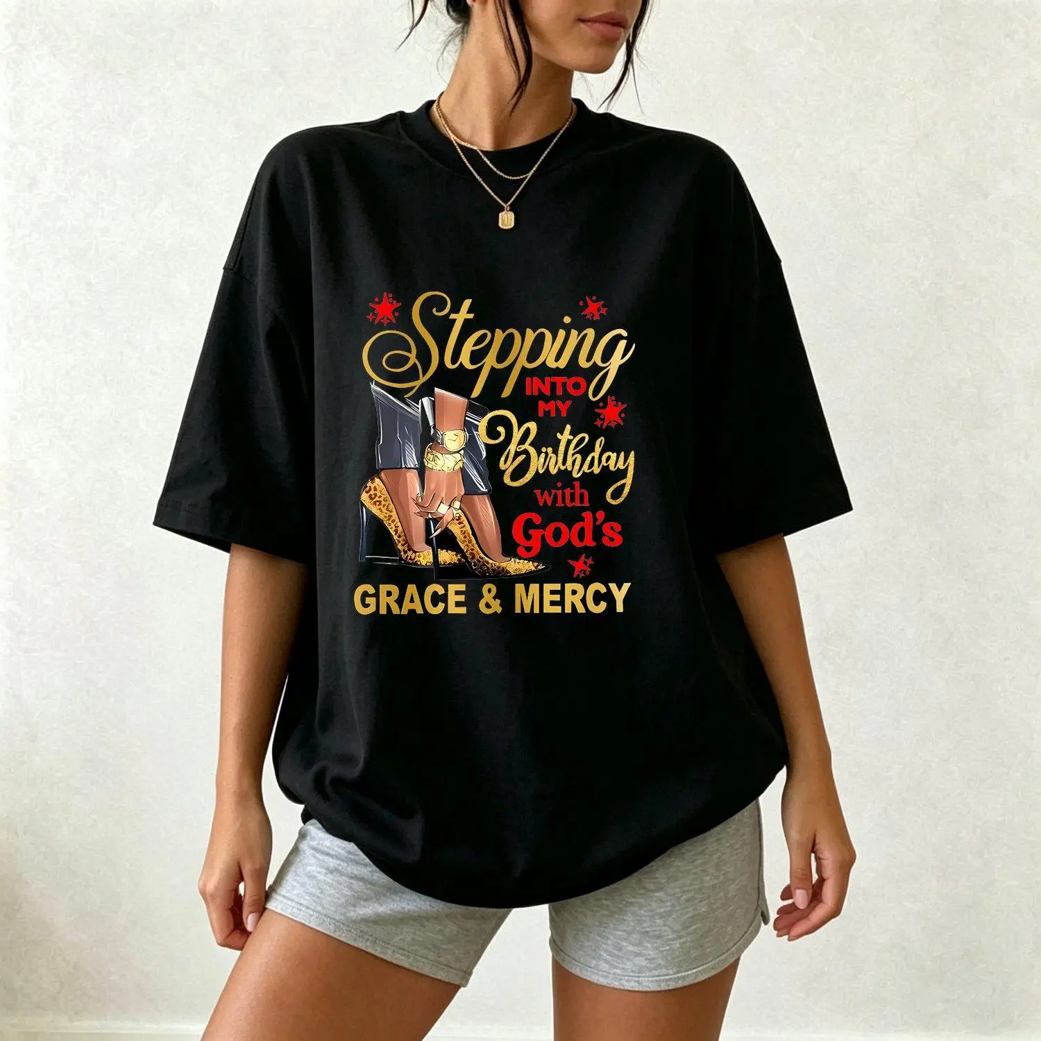 Women's Elegant Short Sleeve T-Shirt - Round Neck Knit Top, Golden Letter Print "Stepping Into My Birthday Grace & Mercy", Glittery Accents, Breathable Cotton, Comfortable Fit, Gentle Washing, All-Season Wear, Short Sleeve Tops, Casual Tops