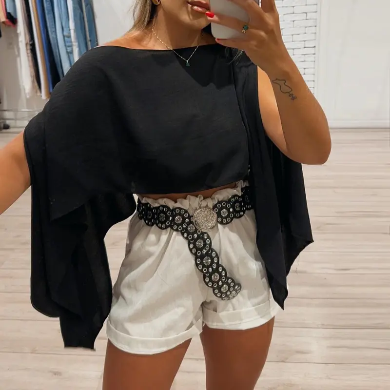 CHICME Women's Solid Color Off-the-Shoulder Split Sleeve Versatile Blouse with Bandeau Top CHICME Women's Solid Color Off-the-Shoulder Split Sleeve Versatile Blouse with Bandeau Top