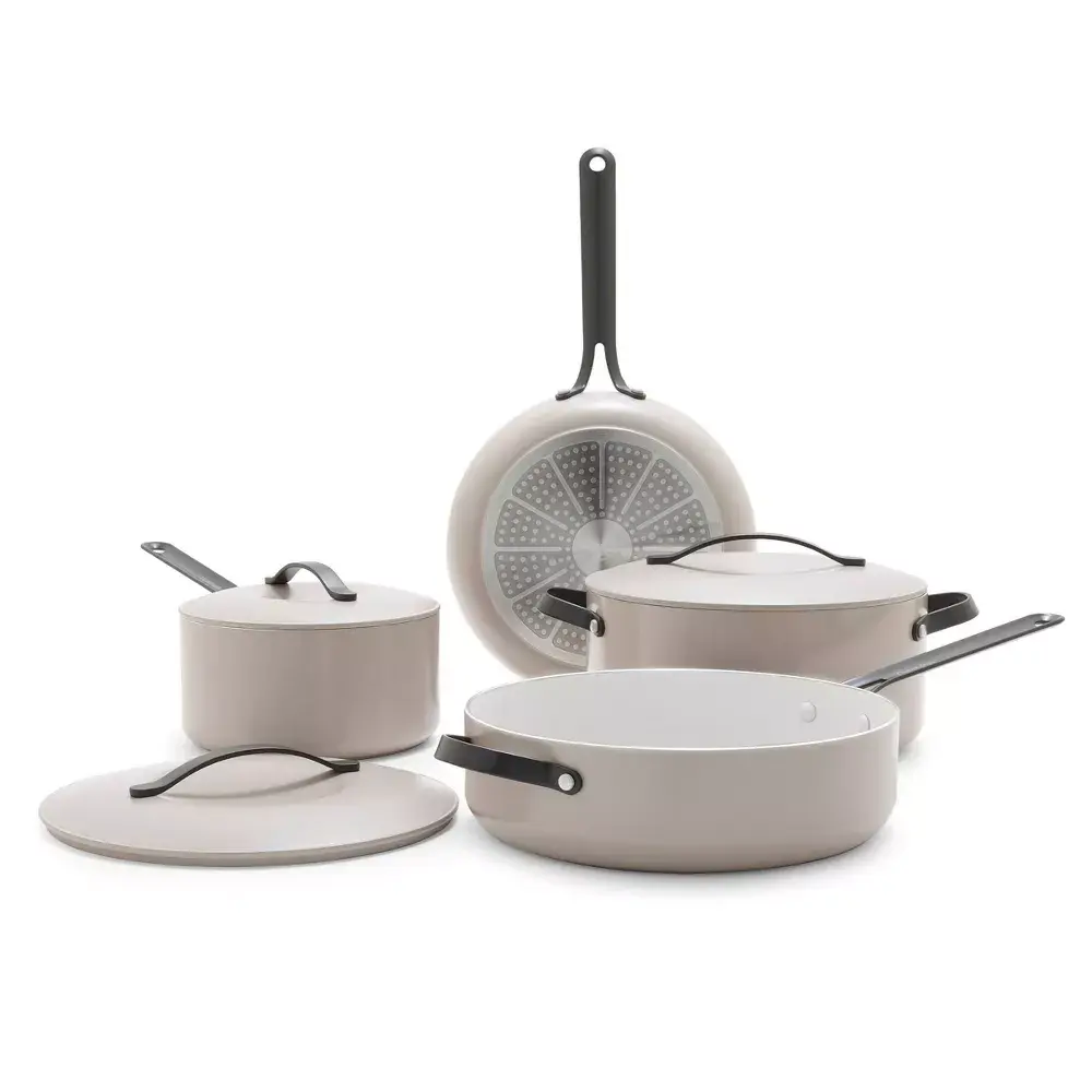 GreenPan Nova 7pc Sturdy Ceramic Nonstick Aluminum Cookware Set - Cloud Gray, Black Stainless Steel Handles, Induction-Compatible, Includes Frying Pans, Pots, and Lids
