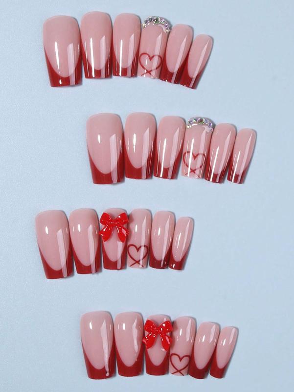 24pcs/Set Acrylic Press-On Nails, Heart Pattern, Red French, Rhinestone Bow Design, Long Coffin Shape, Perfect Fit Fake Nails, Includes 1pc Jelly Gel And 1pc Nail File, French Manicure, Suitable For Women And Girls, Daily And Party Nail Accessories