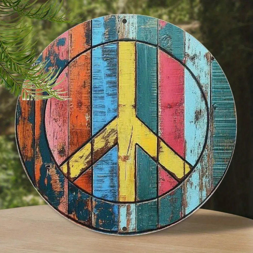 Vintage Bohemian Peace Sign Metal Wreath Plaque - 12x12 in Round Aluminum Home Sign Wall Decor, Artistic Home Accessory Decoration Item for Artist Drawing Gifts, Decoration Items