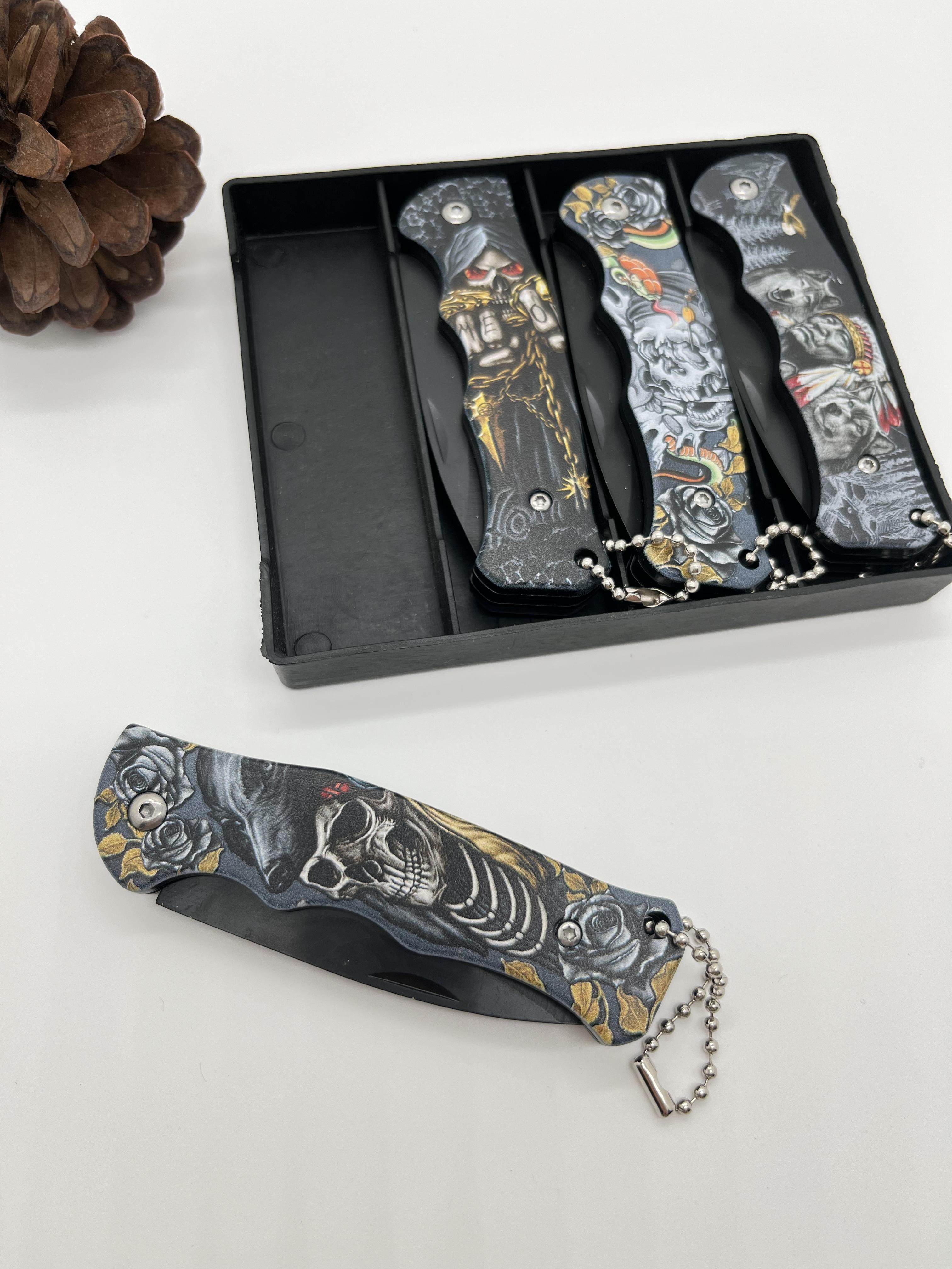 4PCS folding pocket knives, Mysterious skull design handle, for Outdoor Camping, Fishing, Hiking, Men's Gift