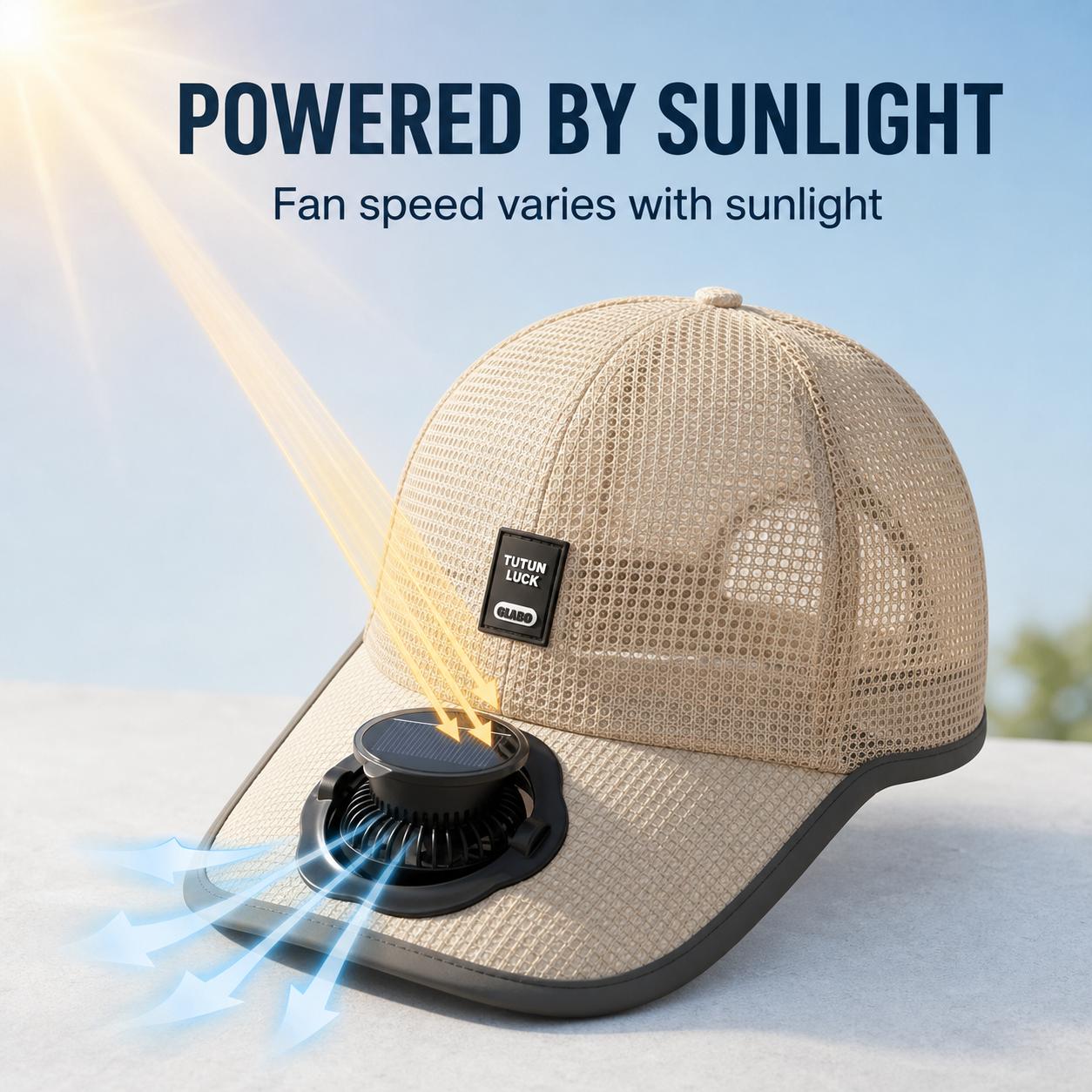 Beige Mesh Baseball Cap with Solar Charging Brim Fan, Outdoor Hat for Fishing, Gardening, Walking and Travel