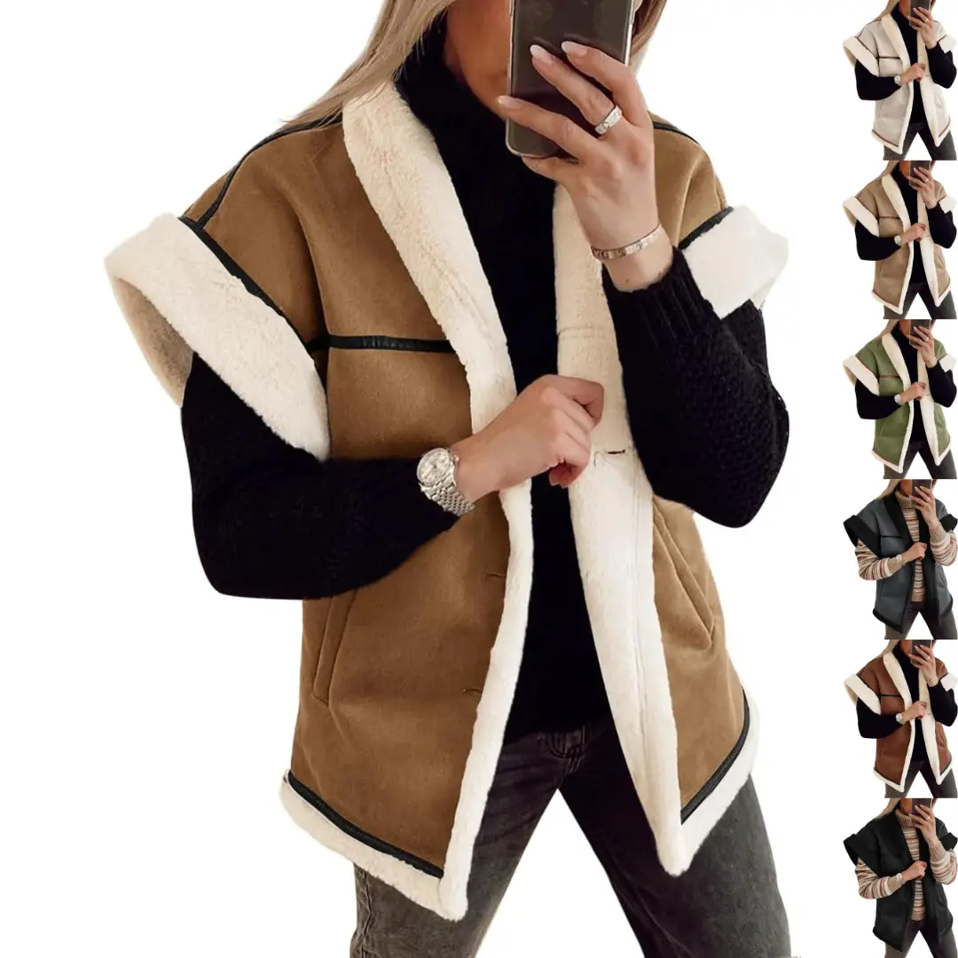 Imily Bela Womens Suede Sherpa Vest Faux Fur Shearling Jacket Oversized Cap Sleeve Button Down Winter Coats