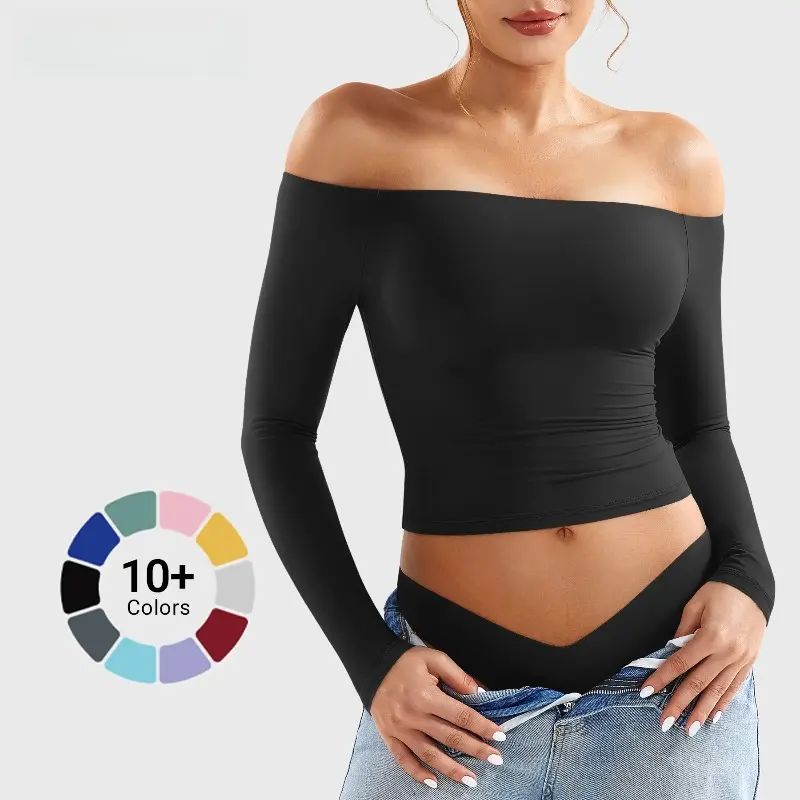 Buttery Soft Off Shoulder Long Sleeve Shirt Double Lined Y2K Going Out Top Casual Cute Basic Womenswear summerwins,travel essentials,camping essentials tiktokshopbacktoschool