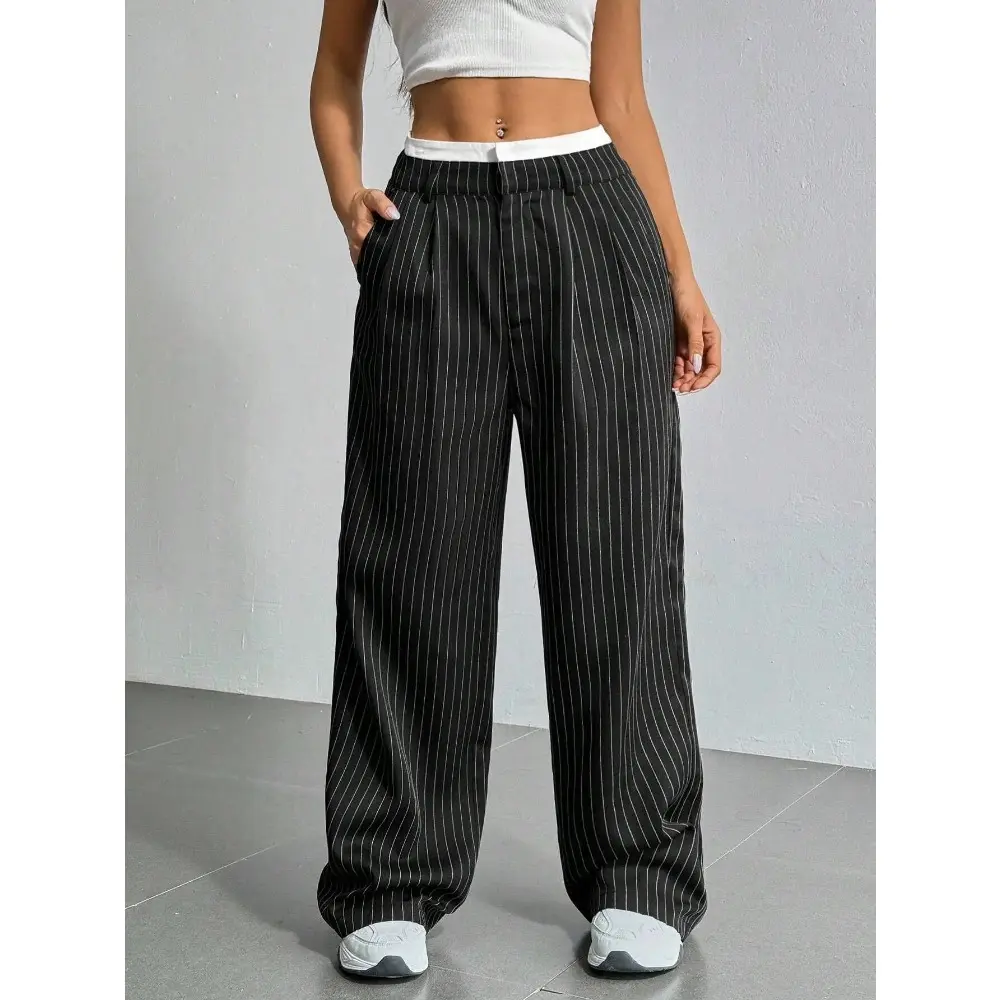 Women's Elegant Feminine High-Waist Pinstripe Bottoms with Pockets - Straight-Leg Stripe Patchwork Wide-Leg Trousers for Business Office Work, Outdoor Use, Belt Compatibility