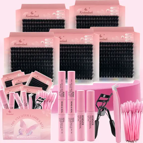 Multi-Size Fluffy Lash Cluster Kit, 5-Pack (120D, 100D, 80D) Dramatic Makeup Cosmetic Set with Bond, Seal, Remover, 30 Spoolie Brushes, 1 Eyelash Curler, 1 Precision Tweezers, Waterproof Bond and Seal False Eyelashes & Adhesives for Daily Wear