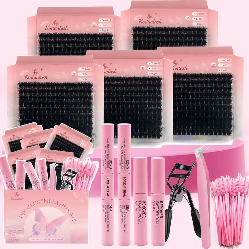 Multi-Size Fluffy Lash Cluster Kit, 5-Pack (120D, 100D, 80D) Dramatic Makeup Cosmetic Set with Bond, Seal, Remover, 30 Spoolie Brushes, 1 Eyelash Curler, 1 Precision Tweezers, Waterproof Bond and Seal False Eyelashes & Adhesives for Daily Wear