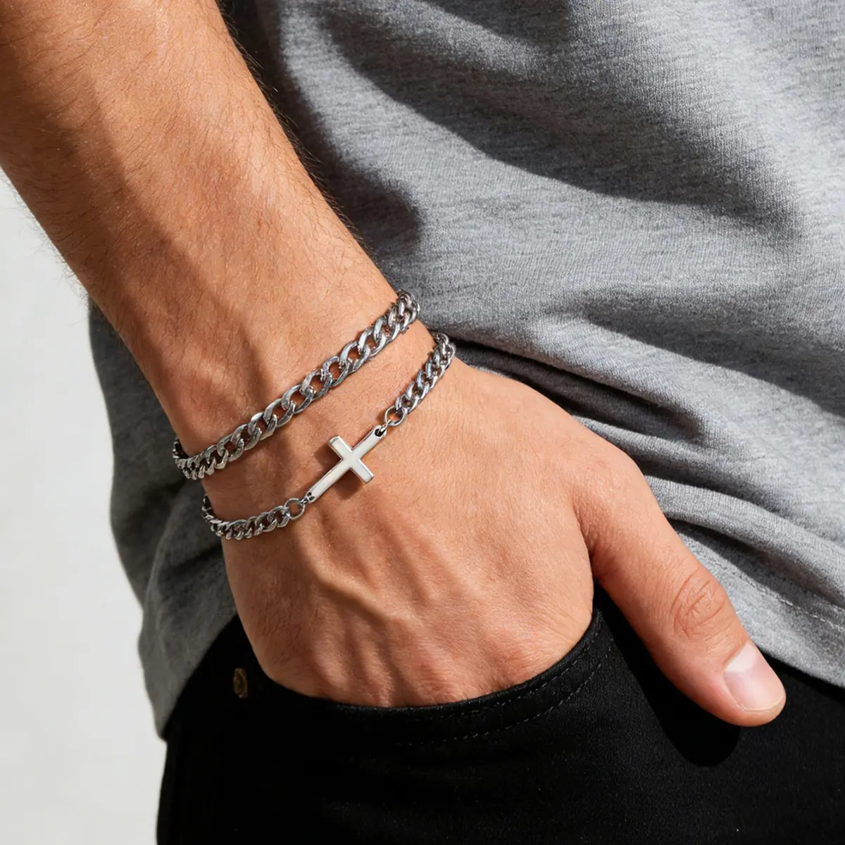 Cross Bracelet for Men, Mens Cross Bracelets Stack Stainless Steel Cuban Link Chain Bracelet Set Non Tarnish Adjustable Chunky Mens Jewelry Gifts for Men Dad Him Father's Day