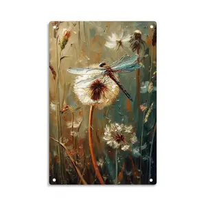 Dragonfly on Dandelion Meadow Vintage Botanical Metal Sign Print Aesthetic Room Decoration for Home Bedroom Kitchen Bar Dorm Bathroom Wall Decor 8 X 12 Inch