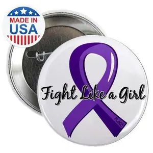 Fight Like a Girl Ribbon Round Button - White w/ Purple