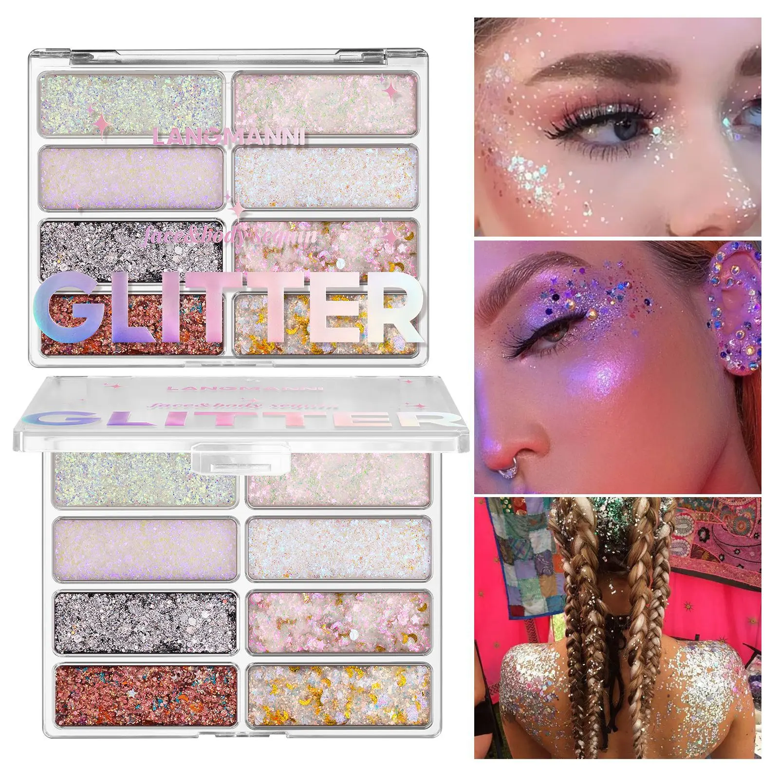 8 Vibrant Holographic Laser Glitter Eyeshadow Palette - Skin-Safe, Iridescent Self-Adhesive Long-Lasting Gel with Chunky Sequins, Gentle Waterproof Cosmetic for Youth, Face/Body/Hair, Apply Directly, Halloween, Nails