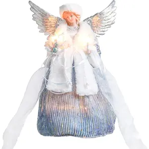 Angel Christmas Tree Topper with Lights, 12 Inch Lighted Angel Xmas Tree Toppers Decoration, Luxury Blue Fabric Angel Figurine Ornament for Christmas Tree Holiday Party Indoor Decor