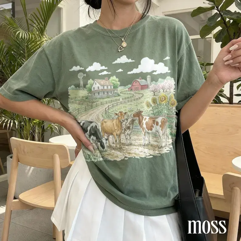 Comfort Colors Vintage Farm Cow Shirt - Retro Country Pasture Illustration Tee, Cottagecore Farmhouse Graphic T-Shirt, Rustic Cattle Grazing Meadow Unisex Top