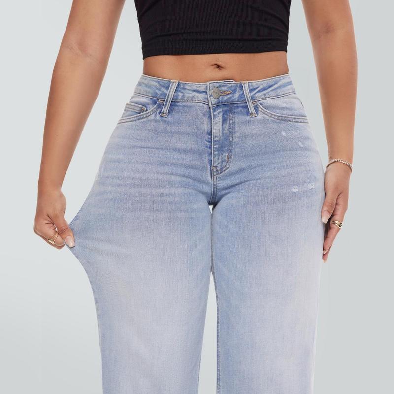 SHAPUM Mid-low Rise Women Baggy Jeans Casual Stretchy Loose Fit Straight Leg Jeans Distressed Pocket Wide Leg Long Denim Pants Comfortable Casual Floor-Length Trousers XS-XL