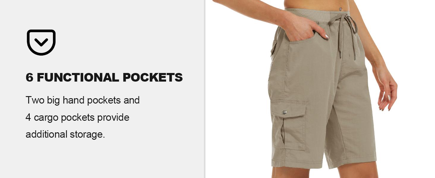 Women's lightweight quick drying outdoor shorts with multifunctional pockets and elastic waistband, suitable for hiking and camping