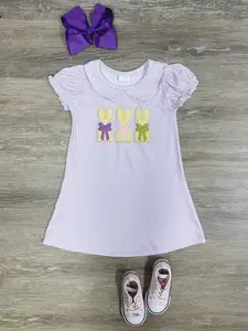 Sweet Bows & Bunnies Lavender Stripe Girls Dress with Adorable Bunny Designs & Pretty Bows for Easter, Church, & Spring Outings & Easter Fun