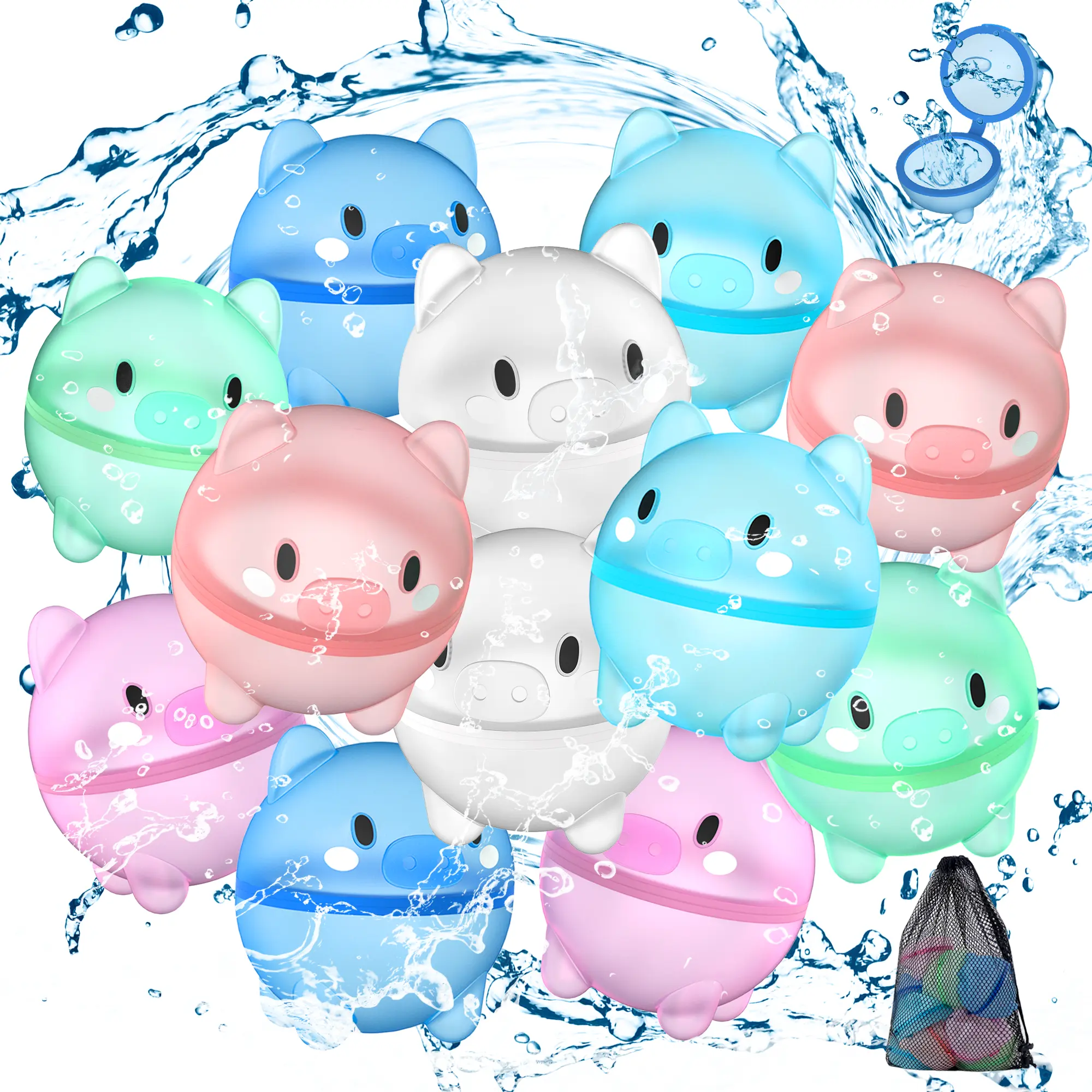 Summer Water Toy, Reusable Water Balloons 8/12/16 Pack, Cute Piggy Magnetic Water Balls for Kids & Adults, Quick Fill Splash Balls for Pool Party, Beach Party, Memorial Day Outdoor Games