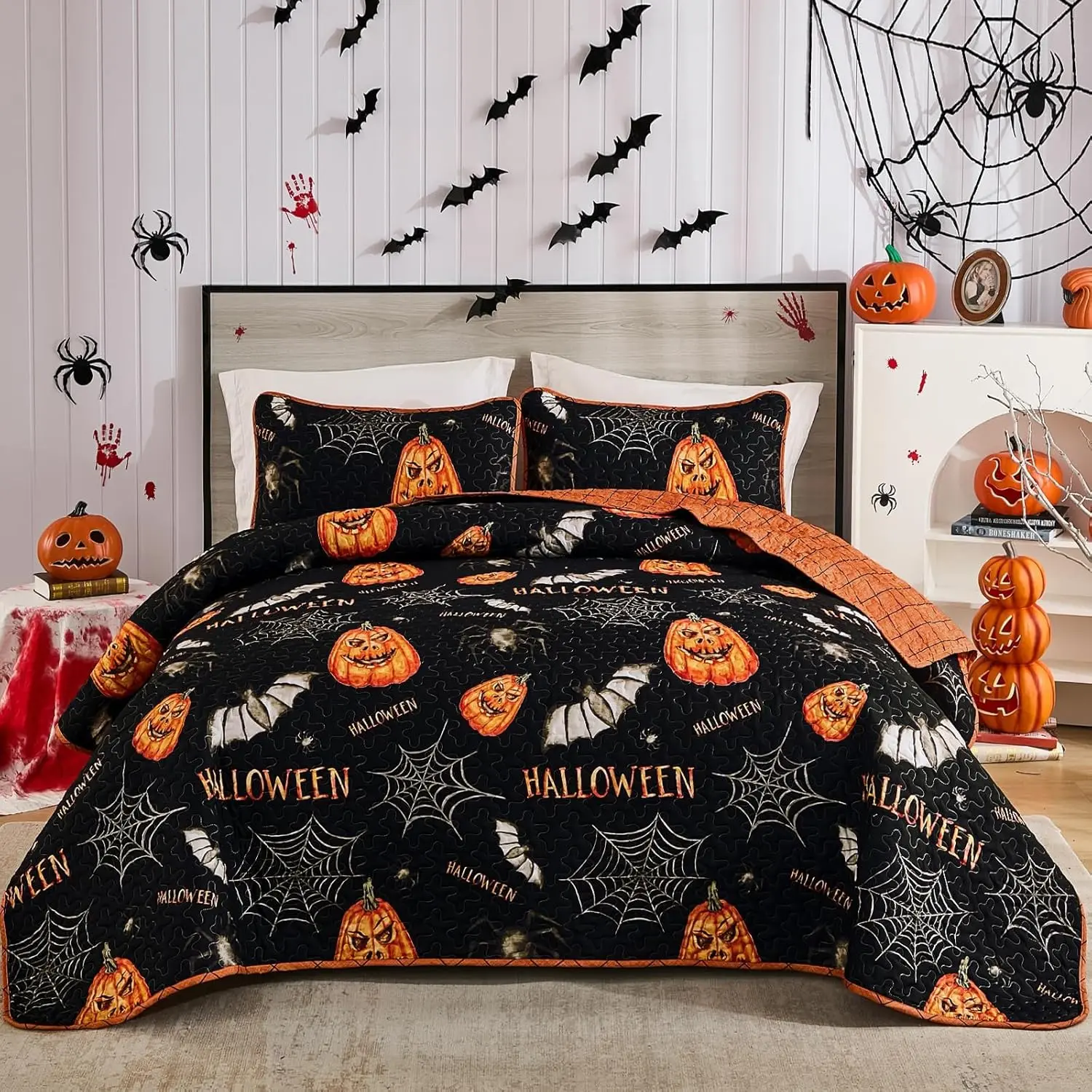 Halloween Quilt Set  Pumpkin Holiday Bedspread with Spider Cobweb Bat , Lightweight Festive Theme Bedding Set Reversible Bed Cover for  Bedroom Decoration(96''x90'')