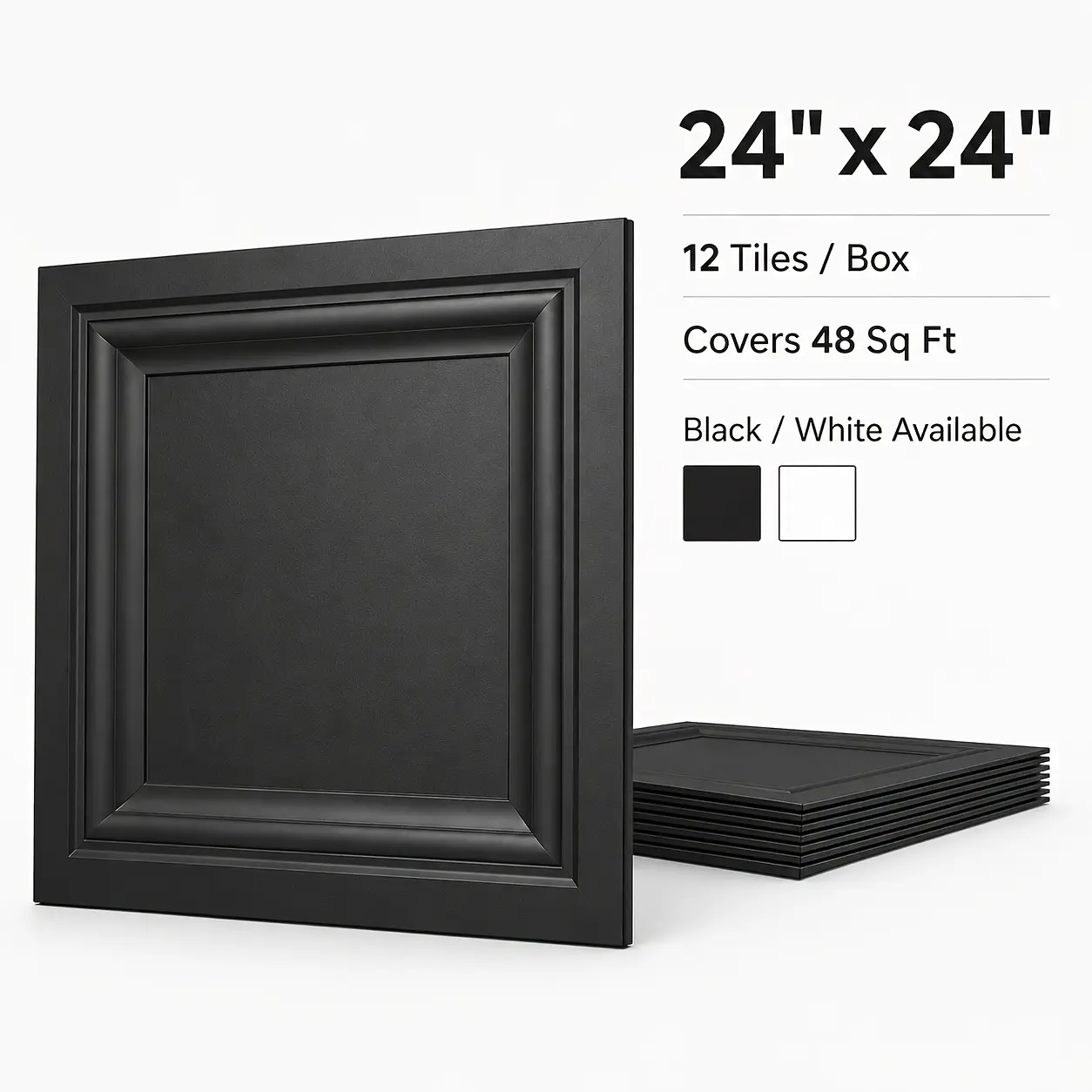 PVC Ceiling Tiles 24"x24", 12-Pack 3D Decorative Ceiling Panels, Waterproof Lightweight PVC Tiles for Drop Ceiling Grid Or Glue-Up, Covers 48 Sq Ft, Black/White