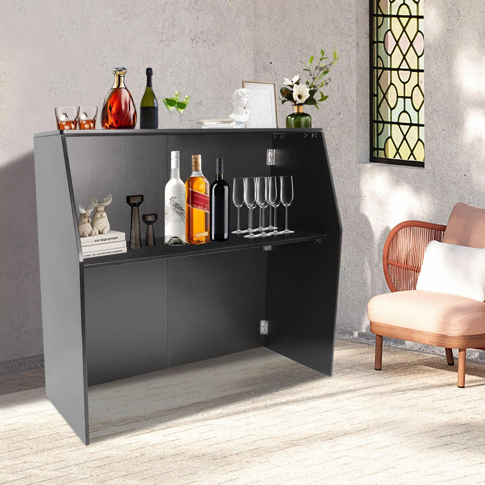 Sturdy Foldable Rectangle Portable Event Bar - 4' Floor-Standing Rust-Resistant Mobile Laminate Cabinet, 121.29*49.53*108.59cm Bartender Table with Top & Middle Shelves, 80kg Capacity for Beach Parties