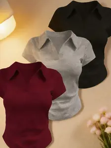 Women's Y2K Polo Shirt, Light & Thin Fabric Slightly Sheer V Neck Collared Short Sleeve Fitted Tee, Slim Curved Hem Casual Blouse, 2025 Summer Solid Color Basic Top, Elegant for Work Office, Party & Night Out, TikTok Viral Aesthetic Minimalist T-Shirt