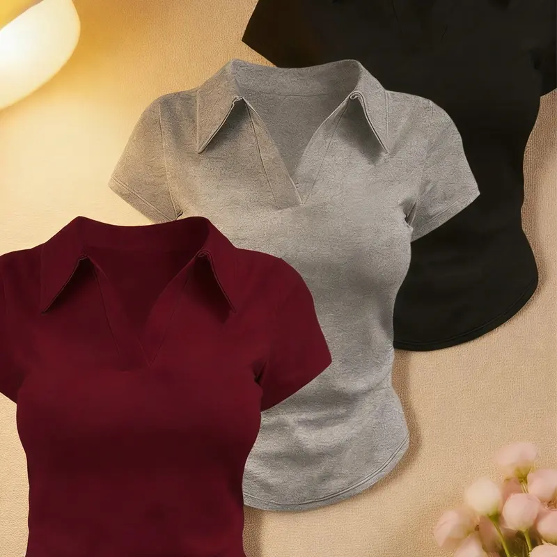 Women's Y2K Polo Shirt, Light & Thin Fabric Slightly Sheer V Neck Collared Short Sleeve Fitted Tee, Slim Curved Hem Casual Blouse, Summer Solid Color Basic Top, Summer Tops, for Work Office, Party & Night Out, TikTok Viral Aesthetic Minimalist T-Shirt