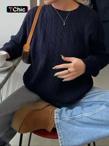 Women's Casual Round Neck Sweater, Plain Color Fitted Knitwear for Fall Season, Daily Commuting Style, Comfortable & Stylish Design