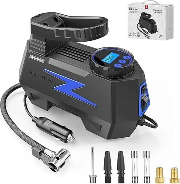 FadakWalt 12V Automotive Tire Inflator - Digital Display Portable Air Compressor, Vehicle Inflator, LED Light, Auto Shut Off, Fast Topups, 12V Power, Handles Cars, Bikes, Balls, and More