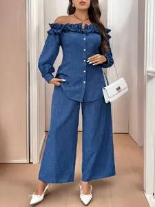 Elegant Plus Size Outfit Set Women's Casual Denim Top with Ruffle Off-Shoulder & High-Waisted Straight Pants for Office & Casual Wear Long Sleeve Button Placket Chic StyleJN9581