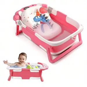 Baby Bathtub, Collapsible Newborn Bathtub for Infant with Soft Cushion and Thermometer,Portable Travel Newborn Tub with No-Slip Feet, Baby Shower Gifts