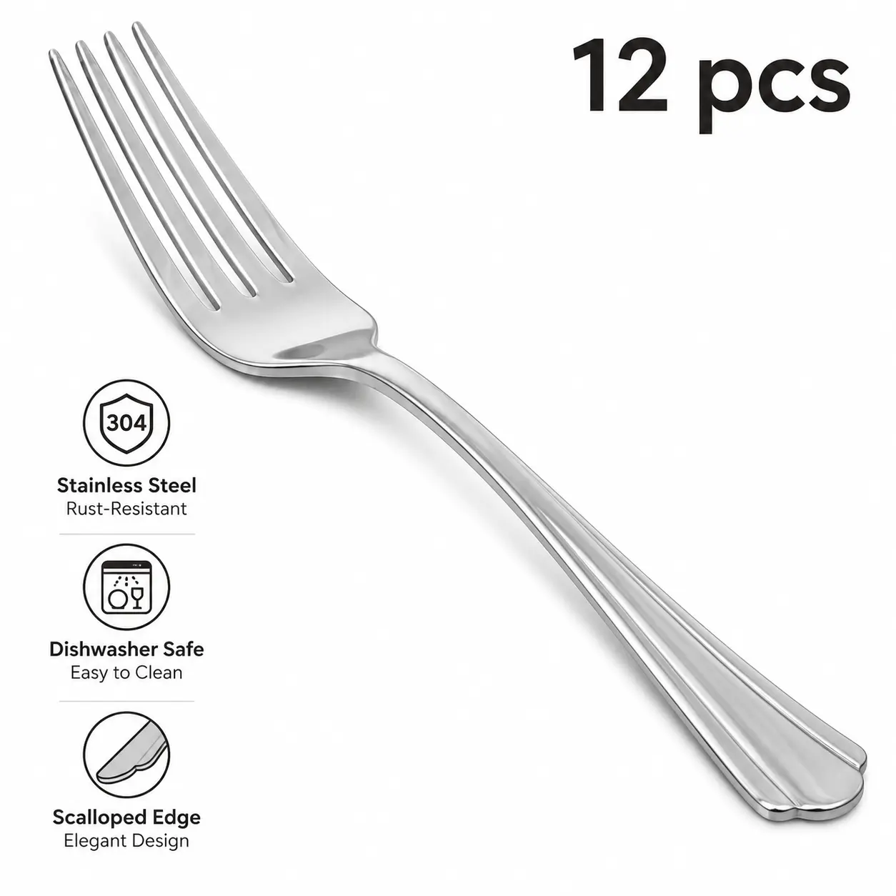 Stainless Steel Dishwasher Safe Dinner Forks with Scalloped Edge, Well-Balanced Weight, Silver, Pack of 12