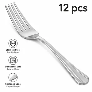 Stainless Steel Dishwasher Safe Dinner Forks with Scalloped Edge, Well-Balanced Weight, Silver, Pack of 12