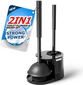 2-in-1 Plastic Toilet Plunger and Rotatable Brush Set, Extended-Handle Design, Bathroom Home Care Cleaning Supplies
