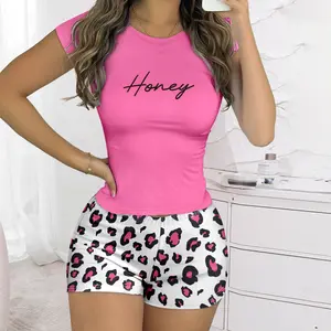 ChicMe Women's Floral Print Slim Fit Outfit Set 2 Piece Outfit Set Round Neck T-Shirt & Bowknot Pattern Shorts | Slim Fit ShortSleeve Casual Clothes Womenswear